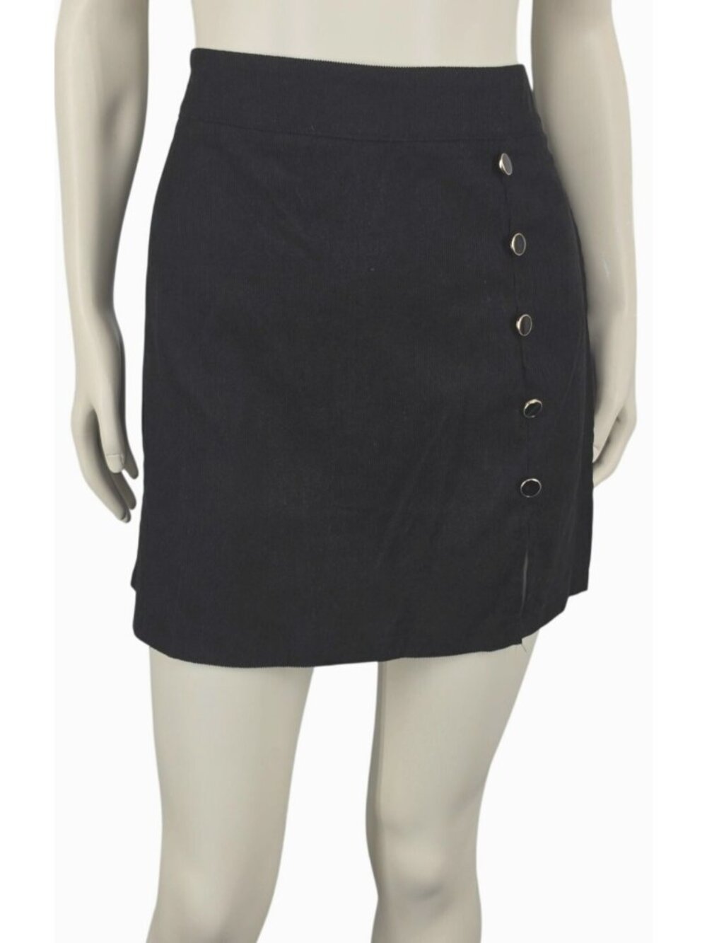 Women's Black Textured Small Slit Skirt Button Details Medium High Waisted Mini